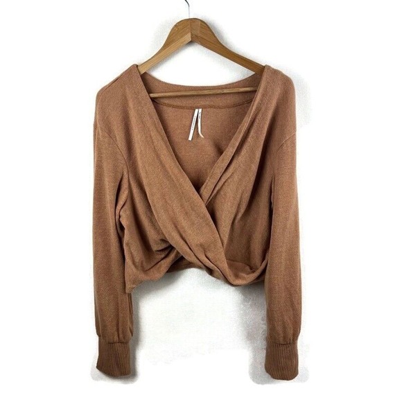 Anthropologie Womens Sweater Large Tan Neutral Long Sleeve Surplice Faux Wrap - Picture 2 of 10